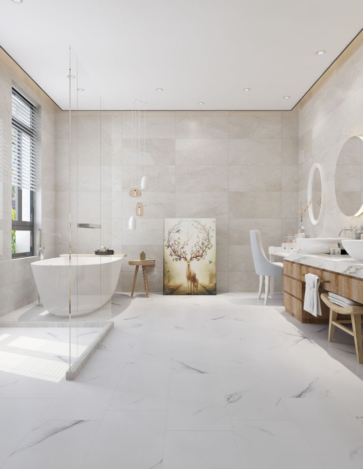 tile look LVT floors in a luxurious Woodstock bathroom