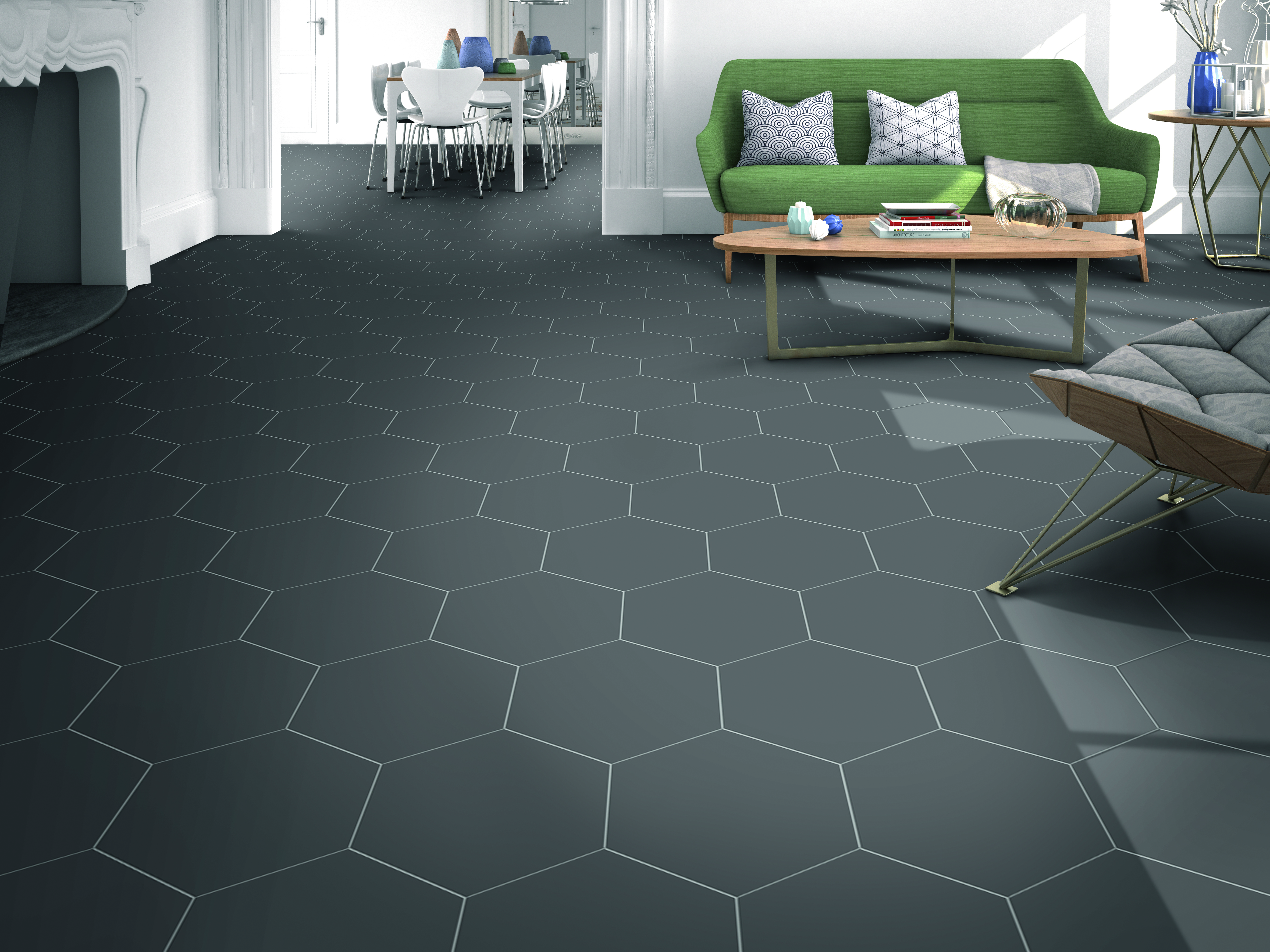 Dark tile floor with green couch to accent